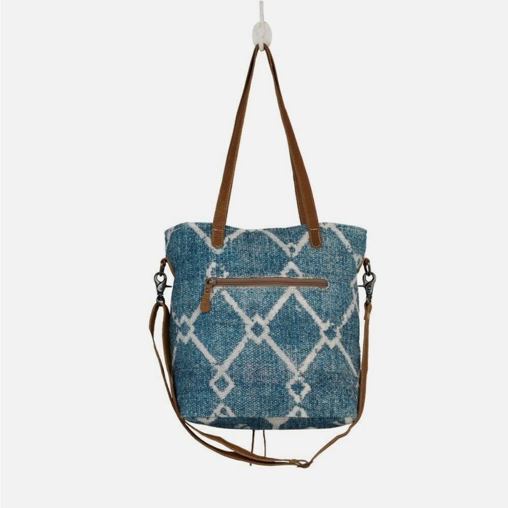 Myra BEGUILE Blue White Rug Canvas Brown Leather Upcycled Tote Bag - Picture 4 of 16